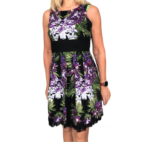 Suzy Shier Party Dress predominantly black w/ purple & green floral size medium - Picture 1 of 6